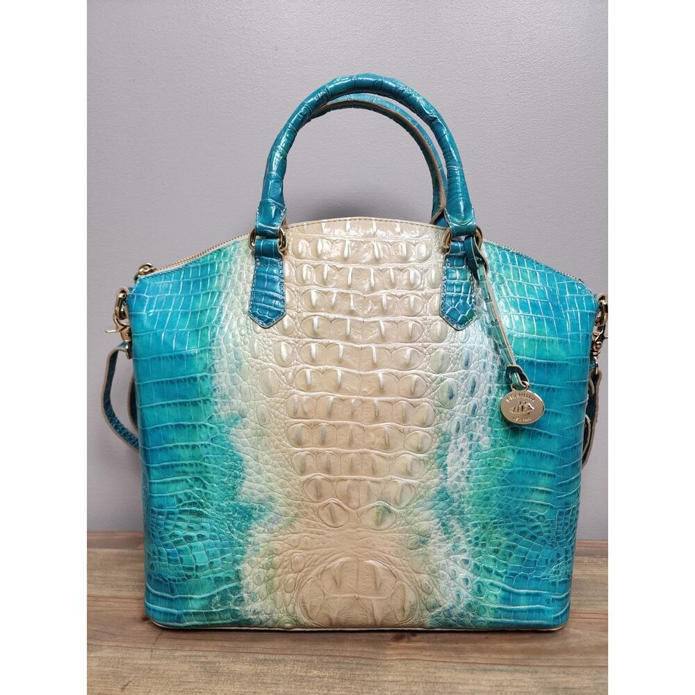 BRAHMIN Melbourne Large DUXBURY Satchel Bag OCEAN OMBRE Teal Tan Aqua Blue